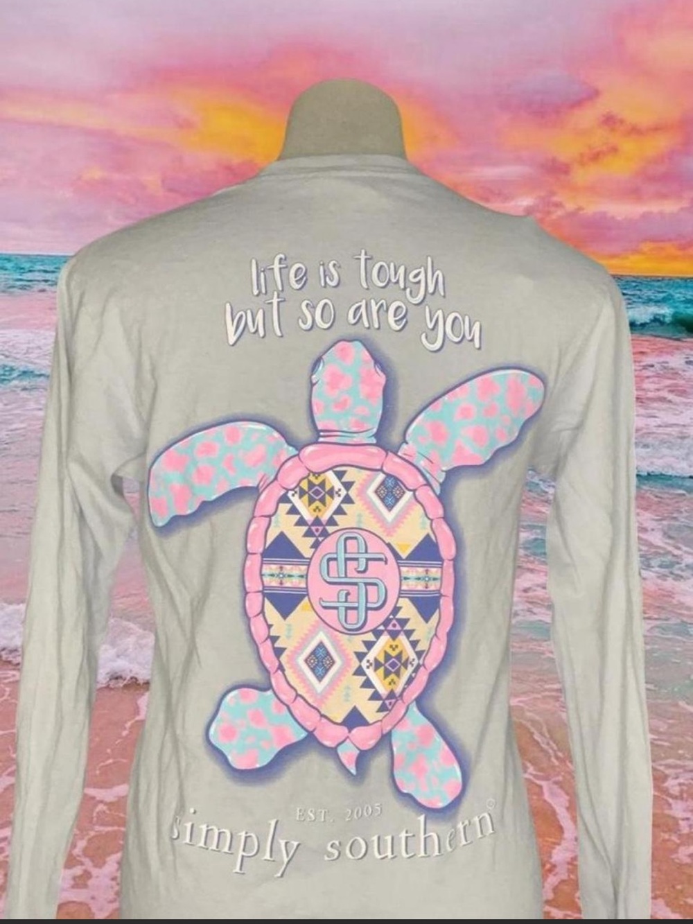 light blue simply southern long sleeve t shirt with pink turtle graphic